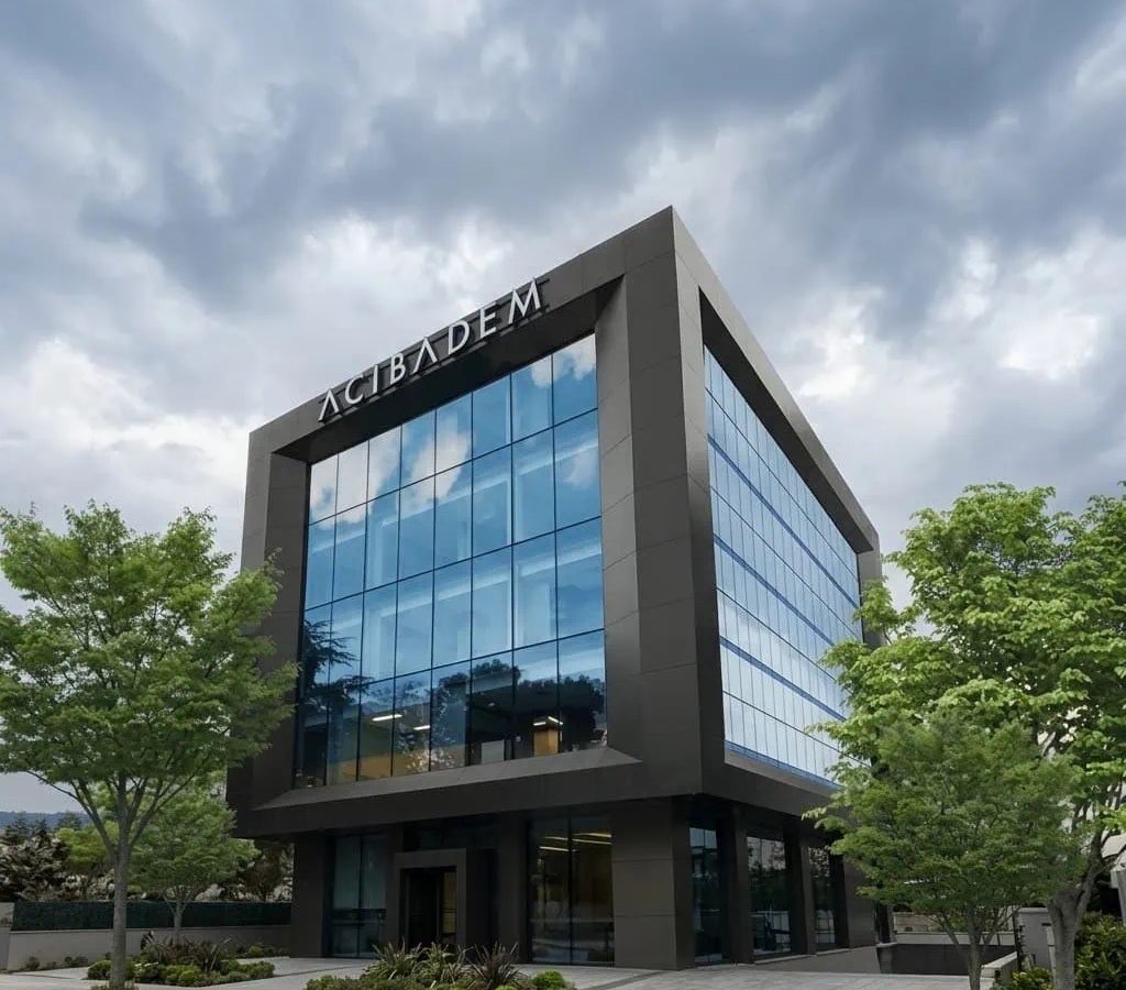 Modern outpatient clinic building with glass facade and surrounding greenery.