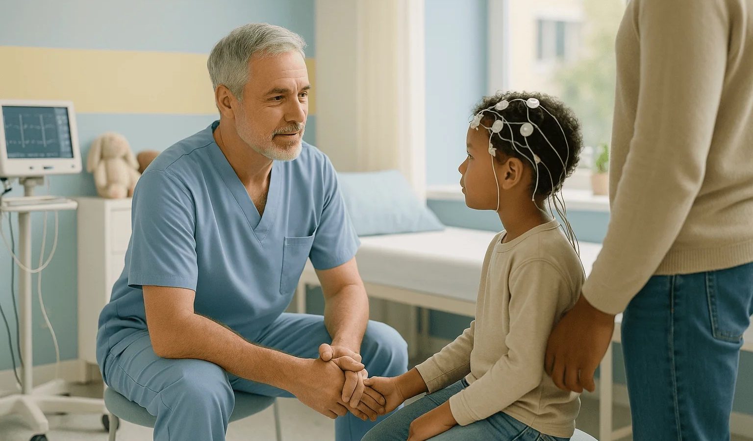 Doctor consulting with a young girl in a hospital room.