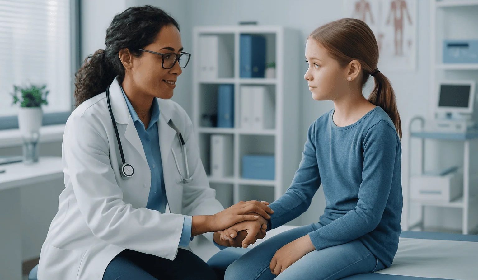 Pediatric doctor consulting young girl in a medical office.