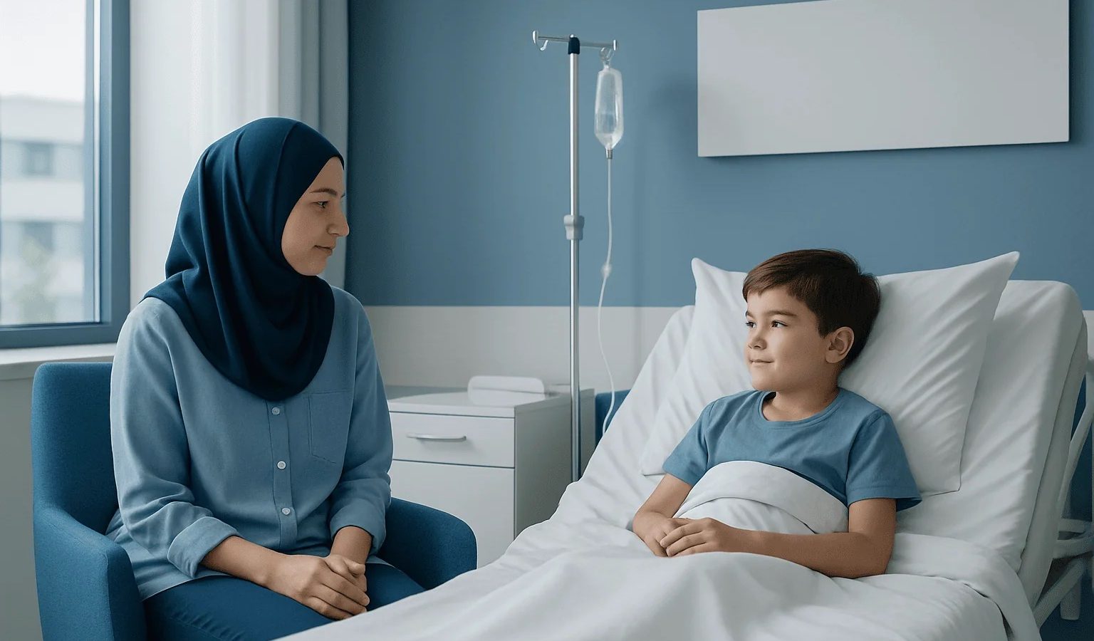 Mother and son in hospital room during rooming-in at Acibadem Hospital.