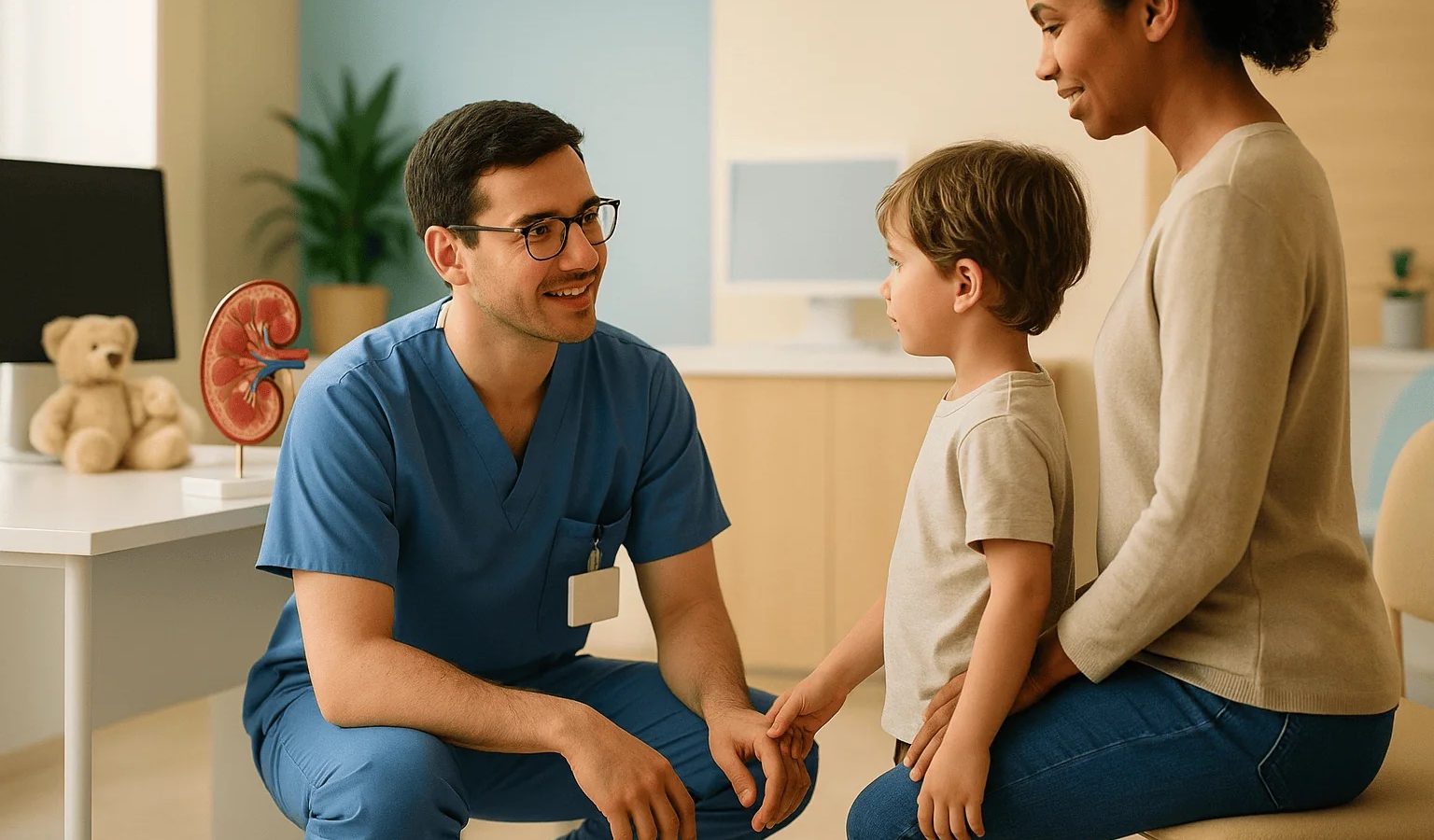 Pediatric nephrologist consulting with young patient and mother in clinic.