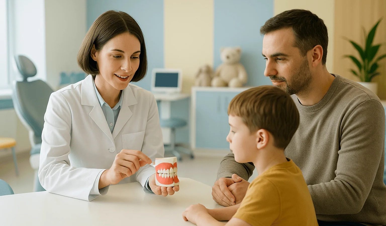 Pediatric dentist explaining dental care to a young boy and his father.